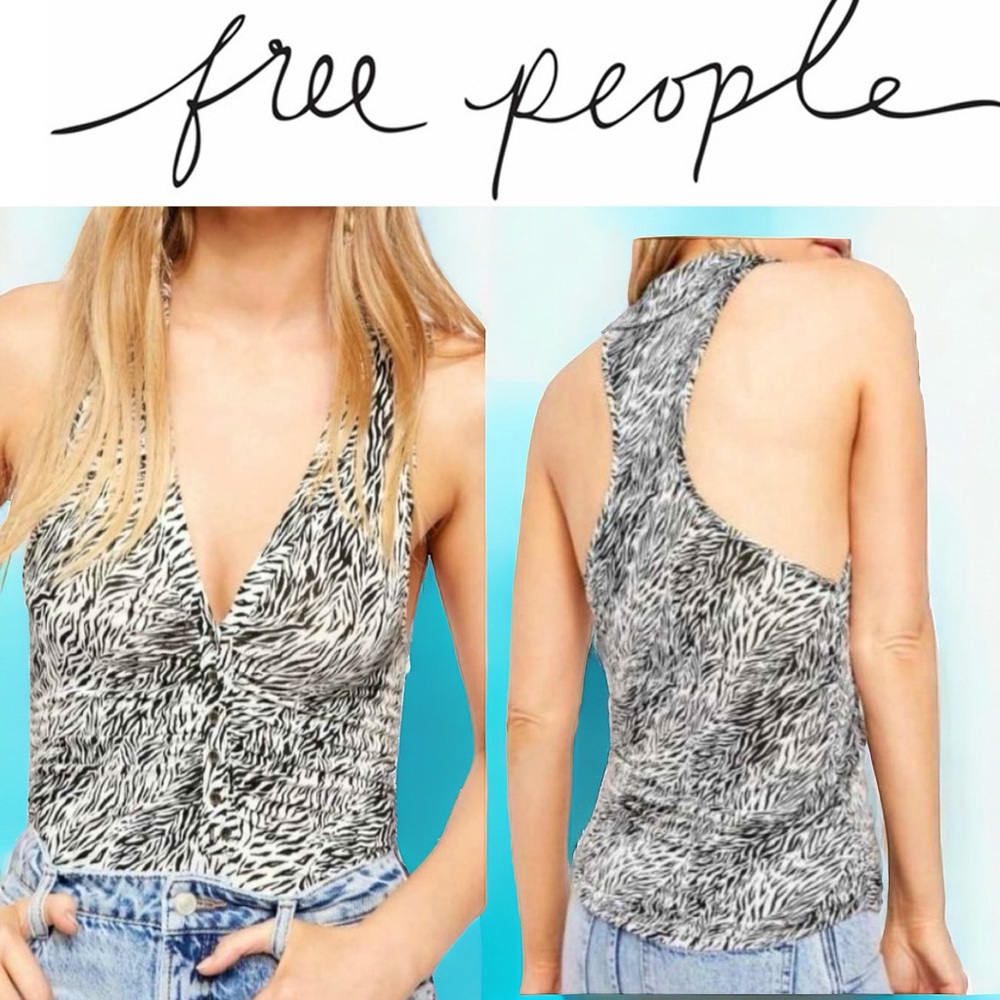 FREE PEOPLE ZEBRA SMALL TANK. BUTTONED, COLLARED TOP. RACERBACK. ROUCHED, V-NECK